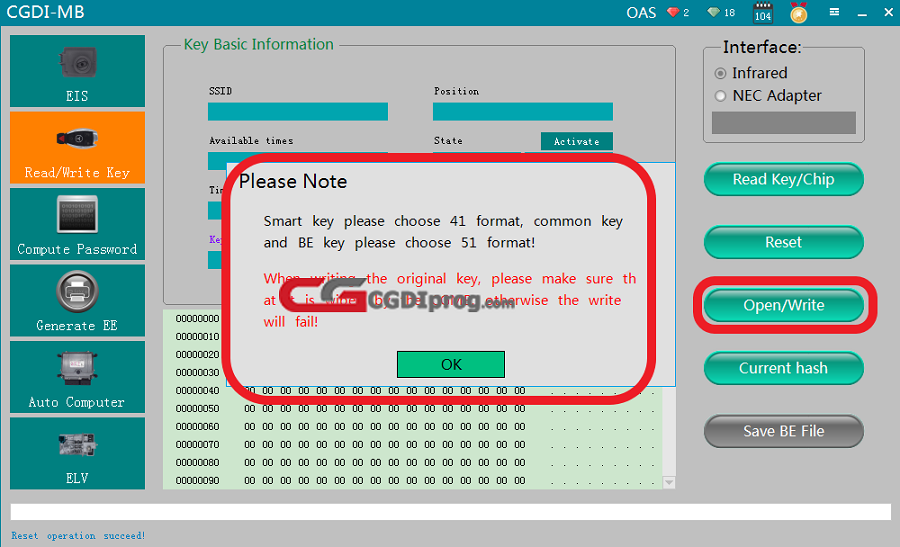CGDI MB Write the original key by infrared 14