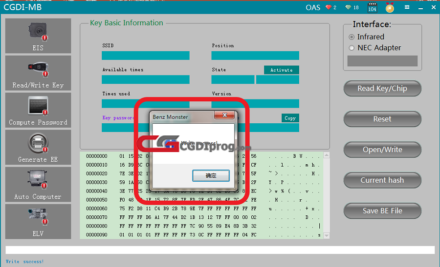 CGDI MB Write the original key by infrared 06